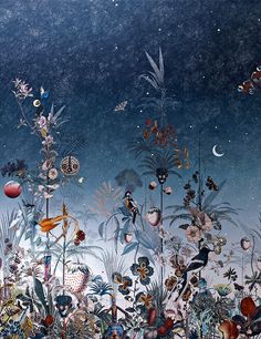 an artistic painting with flowers and birds in the night sky