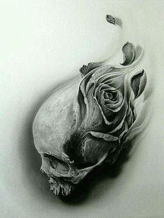 a black and white drawing of a skull with a rose on it's side