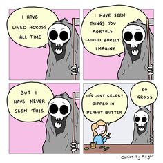 a comic strip with an image of a skeleton holding a sign that says i have lived across