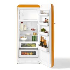 an open refrigerator with its door wide open and food in the bottom drawer, on a white background