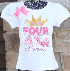 A super cute Four-ever Princess themed birthday shirt personalized with your child's name and age. All shirts are 100% cotton.  I use a professional heat press to transfer the image, NOT a home iron.  All shirts are embellished with a bow.  I will personalize it with your child's name and age for no additional cost.  The puffy sleeve tee comes in sizes 12 month - size 12 . I also carry the same brand shirt in a tank top style as well as long sleeved.  I also have Carter's bodysuits in sizes newborn - 24 months. Youth sizes are unisex t-shirts.  *Please note heat pressed shirts may become distressed through wash/wear.  Always wash them inside out on a delicate cycle using mild detergent and no bleach. Fourth Birthday Shirt, Princess Birthday Shirt, Heat Press Shirts, Fourth Birthday, Princess Birthday Party, Princess Birthday, Branded Shirts, Birthday Shirt, Kids Tops