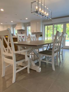 a dining room table and chairs in front of a large window