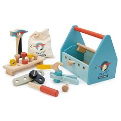 A collection of Tenderleaf Tap Tap Tool Box wooden toys from Tender Leaf Toys. Grandkids Room, Wine Farm, Wooden Tool Boxes, Tool Bench, Wooden Plank, Montessori Learning, Tap Tap, Wooden Products, Toy Brand