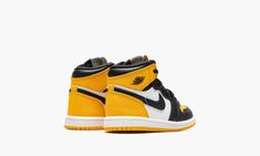 The Air Jordan 1 High OG TD “Taxi” is the alternate toddler sizing of Michael Jordan’s first signature shoe in a colorway inspired by the iconic “Black Toe” Jordan 1 from 1985.  For the “Taxi,” yellow leather is found on the perforated toe and black leather is found on the toe cap, forefoot, and eyelets.  Release date: August 13, 2022 Yellow Taxi, Jordan 1 High Og, Stadium Goods, Air Jordan 1 High, Kids Jordans, Yellow Leather, Michael Jordan, Air Jordan 1, Jordan 1