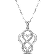 Surprise your loved one with this beautiful  Diamond Infinity Heart Pendant that sparkles in lustrous sterling silver. This pendant features 14 round-cut, prong-set white diamond accents (G-H, I2-I3). This lovely pendant is hung on a 18-inch box chain and is secured with a lobster clasp. Diamond Accented Jewelry For Anniversary On Mother's Day, Mother's Day Anniversary Jewelry With Diamond Accents, Silver Infinity Jewelry With Diamond Cut, Infinity Necklace With Diamond Accents For Anniversary, Diamond White Open Heart Jewelry, Infinity Jewelry With Diamond Accents In Diamond White, Diamond White Infinity-shaped Sterling Silver Jewelry, Sterling Silver Infinity Jewelry With Diamond Accents, Diamond White Sterling Silver Infinity Jewelry