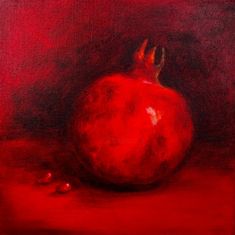 an oil painting of a pomegranate on a red background