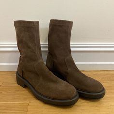 Brown Suede Aquatalia Boots. The Perfect Booties For Fall! Never Worn. Fall Suede Mid-calf Boots Medium Width, Wide Calf Suede High Ankle Boots, High Ankle Wide Calf Suede Boots, Suede Mid-calf Boots For Fall, Suede Chelsea Boots With Round Toe, Fall Suede Platform Boots Medium Width, Fall Moto Boots With Almond Toe In Medium Width, Fall Moto Boots With Almond Toe And Medium Width, Fall Moto Boots With Almond Toe