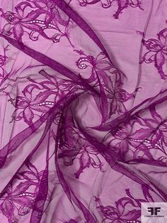 This purple-magenta fine floral double-scalloped leavers lace strip designer fashion fabric is warm and cheerful. SKU: 12288 Content: Polyester Color: Purple-Magenta Width: 53 inches Strip Length: 3.125 yards This fabric is a last cut and no longer in production. Once sold out, we are unable to get more. Spring Party Lace With Contrast Detail, Spring Scalloped Stretch Lace, Spring Party Crochet Lace, Elegant Pink Lace For Summer, Pink Lace With Patchwork For Spring, Pink Lace Patchwork For Spring, Pink Crochet Lace For Party, Fashion Fabric, Color Purple