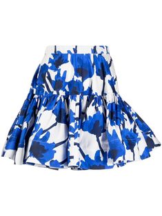 cobalt blue/white cotton abstract pattern print ruched detailing A-line elasticated waistband slip-on style thigh-length Short Ruffle Dress, Jason Wu Dress, Ruched Skirt, Versace Outfit, Yoko London, City Dress, Jason Wu, Summer Beach Wear, Ruffle Dress