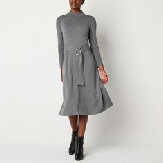 This Maia women�s sweater dress is a sleek polished style to impress for the office or a dinner date. Crafted from a soft knit, it has a figure-hugging mock neck design with long sleeves, a gold-tone ring belted waist and a midi-length flowy skirt. Wear it with ankle boots.Features: BeltedNeckline: Mock NeckSleeve Length: Long SleeveSleeve Style: Fitted SleeveApparel Length: 45 InchesDress Length: Midi LengthFiber Content: 78% Rayon, 22% PolyesterFabric Description: KnitCare: Machine Wash, Dry F Cashmere Sweater Dress, Gray Cashmere Sweater, Gray Cashmere, Midi Sweater Dress, Polished Style, Small Dresses, Dress Sweater, Sweater Dresses, Sweater Dress Women