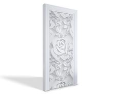 an open door with white paper flowers on the front and side panels, in 3d