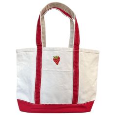 Strawberry design embroidered directly onto tote, in addition to embroidered accent on other side, located above external pocket. Tote features an external pocket, top zip closure, and an attached key ring. BiG Canvas Tote size: 12" H x 18" W x 5" D. Strap drop 9" Instructions for Custom Text: Type text exactly as you would like it to appear on tote. Available characters: upper and lowercase letters, numbers, spaces and ! # & " ? / ' . , @ ( ) +. 10 characters max. Important! Requests for person Red Double Handle Bag With Pockets, Red Canvas Shoulder Bag With Zipper, Red Canvas Shoulder Bag With Zipper Closure, Casual Embroidered Canvas Shoulder Bag, Red Canvas Bag With Pockets, Red Bags With Zipper Pocket And Double Handle, Red Rectangular Canvas Bag With Pockets, Red Canvas Shoulder Bag With Pockets, Red Double Handle Cotton Shoulder Bag