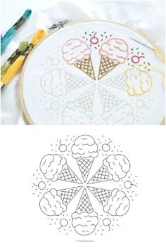 an embroidery project with ice cream cones and clouds in the middle, on top of a table