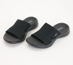 Slip into these slides and enjoy the comfort and convenience they provide. From Skechers. Comfortable Slides With Gel Cushioning For Vacation, Comfortable Slide Sandals With Gel Cushioning, Comfortable Gel Cushioned Slides For Beach, Comfortable Gel-cushioned Slip-on Slides, Black Slides With Gel Cushioning, Comfortable Slides With Gel Cushioning, Slide Sandals, Slides, Sandals