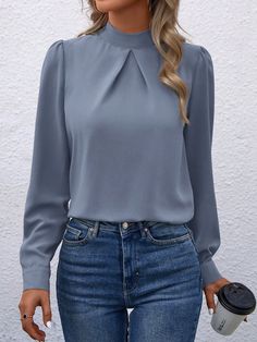 Women's Solid Color Stand Collar Ruched Elegant Long Sleeve Blouse Dusty Blue Elegant  Long Sleeve Woven Fabric Plain Top Non-Stretch  Women Clothing, size features are:Bust: ,Length: ,Sleeve Length: Business Casual Blouse, Stand Collar Top, Ponytail Girl, Stand Collar Shirt, Ankle Socks Women, Velvet Blouses, Plain Tops, Elastic Waist Pants, Inspiration Mode