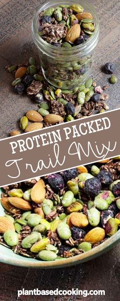 a bowl full of nuts and seeds with the words protein packed trail mix