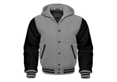 Product Description: Experience unmatched style and comfort with our **Premium Varsity Hoodie Jacket designed for both men and women. Crafted with a luxurious combination of **genuine leather sleeves** and a **premium wool body this jacket offers warmth, durability, and a timeless varsity look.  Perfect for casual outings or layering in cooler weather, the jacket features: - **High-quality polyester lining** for superior warmth and comfort. - **Button-closure front** for a classic, sleek design. Hooded Fleece Outerwear For Sports Events, Long Sleeve Outerwear With Drawstring Hood For Sports Events, Hooded Varsity Jacket With Ribbed Cuffs For Outdoor, Hooded Fleece Varsity Jacket For Fall, College Fleece Outerwear With Drawstring Hood, Black Hooded Fleece Jacket Sportswear, Fleece Outerwear With Drawstring Hood For College, Fleece Outerwear For Sports Events In Fall, Hooded Fleece Varsity Jacket For Streetwear