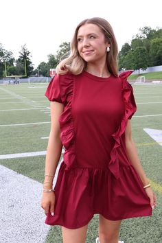 Step out in style and confidence with our crimson drop waist dress! This dress features feminine ruffle details down the side and puff sleeves for a chic and trendy look. Perfect for gameday and beyond, this dress is versatile and flattering! Drop waist dress Ruffle details Puff sleeves Flounce hem with elastic at seam Gameday dress Crimson gameday dress Gameday Dress, Drop Waist Dress, Dropwaist Dress, Short Leggings, Shop Swimwear, Waist Dress, Drop Waist, Ruffle Dress, Puff Sleeves