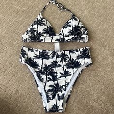 High Waisted Palm Tree Bikini. Size M. White High Waist Tankini For Vacation, White High-waist Tankini For Vacation, White Tropical Tankini For Vacation, Tropical White Tankini For Vacation, White High Waisted Tankini For Beach, High Waist White Tankini For Beach, White High Waist Summer Tankini, White High Waist Tankini For Sunbathing, White High Waist Poolside Tankini