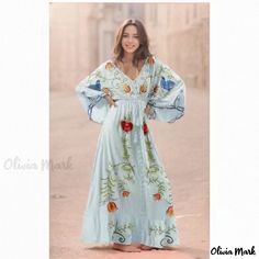 Olivia Mark - Embroidered Floral Collar Maxi Dress with Flared Sleeves Spring V-neck Dress With Multicolor Embroidery, Embroidered V-neck Vacation Dress, Spring Festival Embroidered V-neck Dress, Flowy V-neck Embroidered Dress, V-neck Embroidered Maxi Dress For Summer, Casual Embroidered Maxi Dress For Vacation, Spring Floral Print Embroidered Maxi Dress, Spring Floral Print Maxi Embroidered Dress, Spring Floral Maxi Embroidered Dress