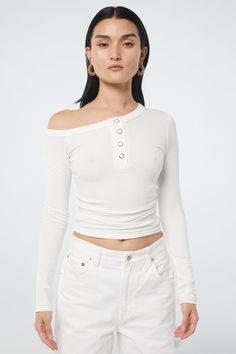 Harley Henley Top White | The Line by K The Line By K, Line By K, Henley Top, White Tank Top, Black Tank Tops, The Line, Heather Grey, Binding, Off The Shoulder