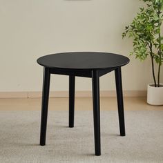 a black table sitting on top of a carpeted floor next to a potted plant