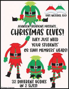 the christmas elves clipart is shown in red, green and white with black lettering