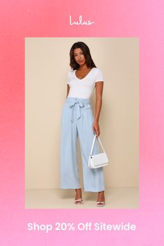 Look like a page out of style section in the Lulus Trend Alert Light Blue Belted High-Waisted Wide-Leg Pants! Linen-blend woven fabric shapes these breezy pants that have a high-waisted fit with belt loops and a sash belt. The wide legs have tailored pleating, side pockets, and end at ankle-length hems. Top button and hidden zipper fly. Fit: This garment fits true to size. Length: Ankle length. Size medium Inseam: 28.00 Front Rise: 12.50 Waist: Fitted - very fitted at natural waist. Hip: Loosely Chic Bottoms With Elastic Waistband For Brunch, Spring Wide Leg Bottoms For Brunch, Casual High Waist Wide Leg Pants For Brunch, Chic Pants With Pockets For Brunch, Spring Brunch Wide-leg Bottoms, Spring Brunch Bottoms With Pockets, Versatile Blue Wide Leg Pants For Summer, Light Blue High Waist Wide Leg Pants For Spring, High Waist Light Blue Wide Leg Pants For Spring