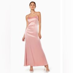 Details - Straight Across Cut - Cross Over Adjustable Back - Sleeveless - Fit And Flare Style - Maxi Length S:100% Silk Feminine Satin Gown For Formal Occasions, Elegant Full-length Satin Slip Dress, Elegant Full Length Formal Slip Dress, Full Length Formal Slip Dress, Fitted Pink Elegant Slip Dress, Elegant Fitted Pink Slip Dress, Sleeveless Bias Cut Gown For Bridesmaid, Pink Dress With Straight Neckline For Formal Occasions, Feminine Evening Satin Gown