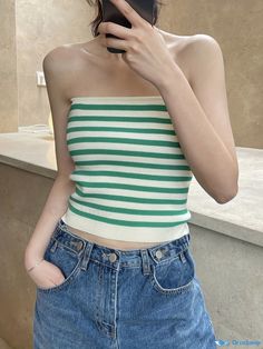 Orcajump - Striped Off Shoulder Tube Top, Casual Summer Versatile Sleeveless Top, Women's Clothing Green Tube Top, Red Tube Top, Striped Tube Top, Yarn Knitting, Spring Outfits Women, Casual Stripes, Spring Outfits Casual, Tube Top, Summer Casual