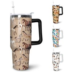 the tumbler cup has horses all over it and is next to two mugs