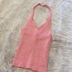 Brand New, In Perfect Condition, Sweater Material, Halter, Not Cropped But Goes Right To Waistline, Can Be V Neck Or Can Close Fitted Halter Neck Top For Fall, Pink Halter Neck Casual Top, Spring Casual Pink Halter Top, Casual Pink Halter Top For Spring, Spring Ribbed Halter Neck Tops, Casual Knit Halter Top For Spring, Casual Pink Cotton Halter Top, Pink Cotton Halter Neck Top, Pink Halter Neck Cotton Top