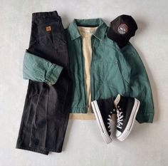 Mens Vintage Shorts Outfit, Outfit Ideas With Green Jacket, Tomboy Fall Outfits, Fall Masc Outfits, Soft Masc Outfits, Look Plus Size, High Street Fashion