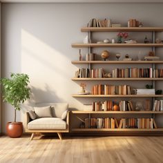 a living room with bookshelves and a couch in front of the wall full of books