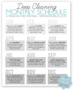 the deep cleaning schedule is shown in blue and gray, with instructions for each month