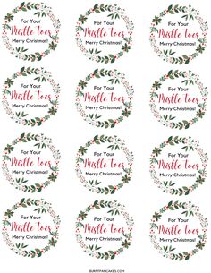 twelve christmas labels with holly wreaths and mistle leaves on the bottom, for your merry