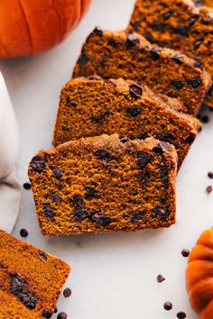 slices of chocolate chip pumpkin bread on a cutting board