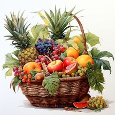 a painting of fruit in a basket with leaves and watermelon on the side