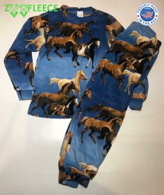 Made in Brooklyn, NY These are Horse PJ's for children. Kids always enjoy these fleecy PJ's plus they look super cute in them.  This fabric is exceptionally effective at keeping you warm and lightweight. The dual surface system with a tough outer layer allows for warm air to stay inside. Layering is essential to cold weather protection. The fabric is smooth and extremely soft.  100% Machine Washable - There is no shrinkage with polar fleece Polar Fleece is 100% Polyester Happy Holiday Cozy Blue Loungewear Set, Cozy Blue Sleepwear For Sleepovers, Super Soft Long Sleeve Onesie For Bedtime, Long Sleeve Super Soft Onesie For Bedtime, Fleece Long Sleeve Sleepwear For Bedtime, Long Sleeve Onesie For Bedtime, Long Sleeve Fleece Sleepwear For Bedtime, Cozy Fit Fleece Sleepwear For Sleepover, Cozy Fleece Long Sleeve Sleepwear