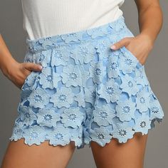 New With Tags Effortlessly Exude A Fun, Flirty, And Feminine Vibe With Umgee Light Blue Floral Lace Shorts. Perfect For Any Occasion, Wear These Shorts Alone Or Pair Them With The Matching Shirt For A Complete Look. Make A Statement And Turn Heads With This Stylish And Versatile Addition To Your Wardrobe! Details Available In Sizes: S-L Color: Light Blue Large Lace Flowers Elastic Waist Shorts Side Pockets Lined Lightweight Sizing Size: Small: 4/6, Medium: 8/10. Large: 12/14 Fabric Fabric: 55% C Light Blue Pants For Spring Day Out, Light Blue Bottoms For Spring Party, Light Blue Pants For Spring Party, Light Blue Spring Party Pants, Light Blue Party Pants For Spring, Light Blue Party Bottoms For Spring, Spring Party Light Blue Pants, Light Blue Shorts With Pockets For Spring, Chic Light Blue Summer Bottoms