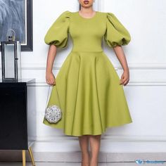 Orcajump - Round-necked bubble-sleeved dress with a cinched waist and flowy hemline - perfect for formal occasions Bubble Sleeve, Sleeved Dress, Types Of Skirts, Cinched Waist, A Line Skirt, Formal Occasion, Types Of Collars, A Line Skirts, Types Of Sleeves