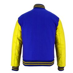 Varsity Letterman Baseball Royal blue Wool and Yellow Genuine Leather Sleeves Jacket If your required Size & Color Combination is not listed then please contact with us We will respond you as soon as possible the estimated time is 12 Hours, All Sizes & Color Combinations are Available. The quality of the varsity jacket is the finest in the field. 100% high quality Wool. A fine quilt lining with Wool trimmed inside pocket are all part of the complete package. Each varsity jacket design is faithfu Blue Varsity Jacket With Pockets, Blue Varsity Outerwear For College, Blue Varsity Jacket With Pockets For Fall, Fall Blue Outerwear For College, Blue Fall Outerwear For College, Blue Winter Varsity Jacket For College, Blue Varsity Jacket For College In Winter, Fitted Blue Leather Jacket With Pockets, Winter Blue Leather Jacket With Pockets