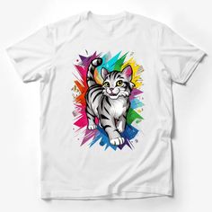 Colorful Pop Art Cartoon Cat T-Shirt, Whimsical Feline Graphic Tee, Unisex Male T-Shirt Custom graphic T-Shirt.Customize your color White Graphic Tee With Cat Design, White Graphic Tee With Cat Print, White Short Sleeve Shirt With Cat Print, White Crew Neck Shirt With Cat Print, Colorful Pop Art, Art Cartoon, Cat T Shirt, Cat T, Male T Shirt