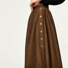 Reversible A Line Skirt Buttons On Both Sides Midi Length New Without Tags Zara Maxi Skirt For Fall, Zara Relaxed Fit Maxi Skirt For Fall, Brown Long Skirt With Buttons, Zara Fall Maxi Skirt, Zara Casual Lined Maxi Skirt, Zara Skirt With Pockets For Fall, Spring Brown Skirt With Buttons, Brown Buttoned Skirt For Spring, Spring Brown Buttoned Skirt