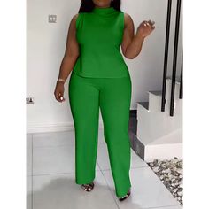 2024 Summer New plus Size Women's Solid Color Casual Sleeveless Trousers Suit Green-1XL 2 Piece Set Outfit, Suit Green, Vest And Pants, Business Professional Outfits, African Girl, Sleeveless T Shirt, Sleeveless Tshirt, Professional Outfits, Casual Sets