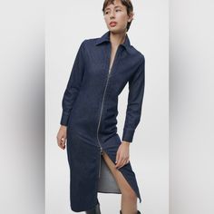 Zippered Denim Dress Zw Collection Midi Dress Made Of 100% Cotton. Lapel Collar And Long Cuffed Sleeves. Front Metal Zip Closure. Blue | 5216/246 Outer Shell 100% Cotton Fitted Denim Shirt Dress For Fall, Fall Casual Midi Denim Dress, Spring Denim Fitted Shirt Dress, Long Sleeve Denim Midi Dress For Work, Knee-length Denim Slim Fit Dress, Denim Midi Dress With Long Sleeves For Work, Fitted Long Sleeve Denim Blue Shirt Dress, Fitted Long Sleeve Denim Blue Midi Dress, Knee-length Slim Fit Denim Dress