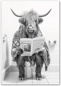 a cow is sitting on a toilet with a blanket over it's head and reading a newspaper