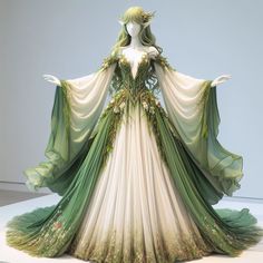 ai, digital art, image, character, illustration, cartoon, fantasy, design, animation, icons, 3D, comic, painting, manhwa, pfp, pp, cover Wedding Dress Fantasy Art, Green And Gold Fantasy Dress, Fantasy Nature Dress, Fairy Goddess Dress, Fantasy Ball Dress, Fantasy Elf Dress, Dress Fantasy Art, Fantasy Ball Gowns, Green Fantasy Dress