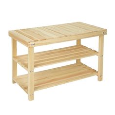 a wooden table with two shelves on each side