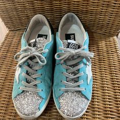 Golden Goose Super-Star Low Top. Turquoise With Silver Glitter. Only Worn A Handful Of Times Goose Shoes, Golden Goose Shoes, Super Star, Golden Goose, Silver Glitter, Blue And Silver, Womens Shoes Sneakers, Low Top, Shoes Sneakers